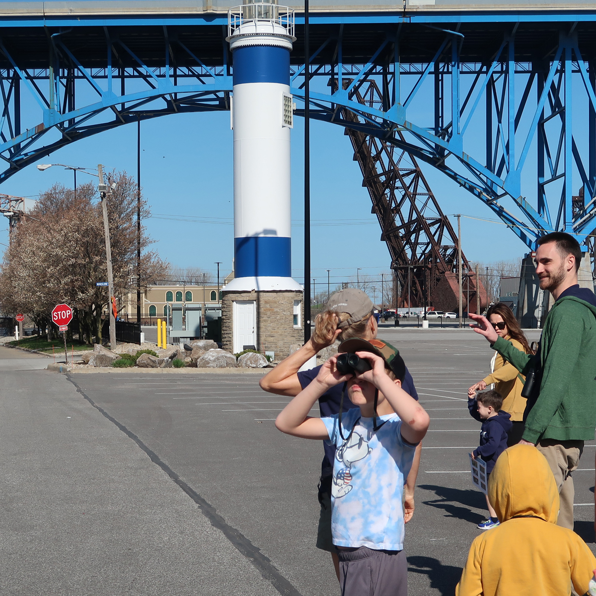 Testing the binoculars in front of the Powerhouse
