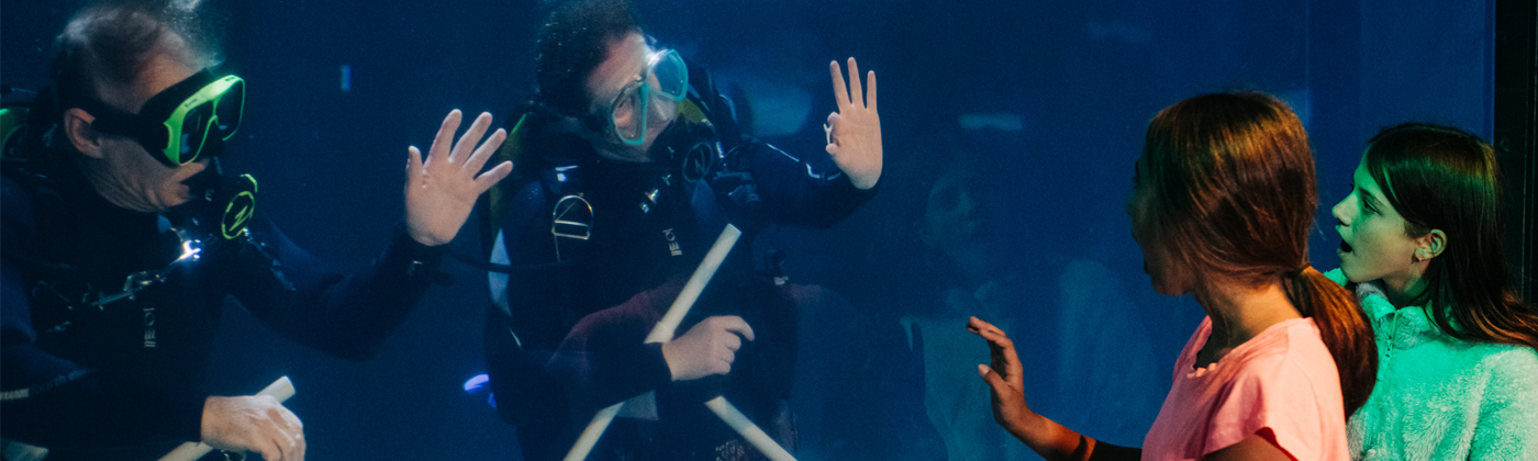 Two kids talking to a diver at Great Cleveland Aquarium..